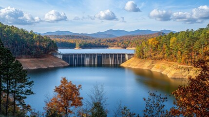 Fototapeta premium A serene view of a lake surrounded by vibrant autumn foliage, featuring a dam and mountains in the backdrop, under a clear blue sky with fluffy clouds.