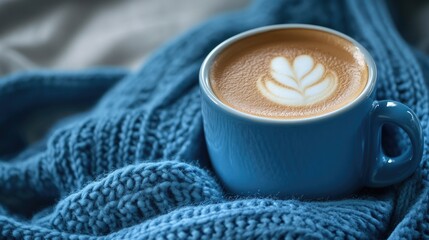 A single serving of coffee placed on a soft blue blanket