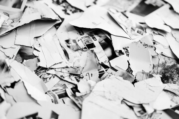 A collection of ripped and torn photographs in a heap, with a somber tone