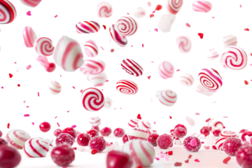 A fun and lively scene with multiple candies falling, creating a colorful explosion of sweetness isolated on transparent background
