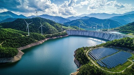 A stunning aerial view of renewable energy sources featuring wind turbines, solar panels, and a reservoir, surrounded by lush green mountains.