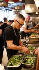 A chef in a bustling kitchen prepares fresh salads with focus and precision, surrounded by other kitchen staff. The atmosphere is lively and professional.