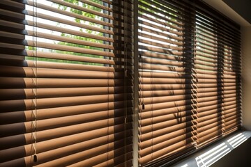 Brown venetian blinds partially closed on a sunny window, creating a warm and inviting atmosphere