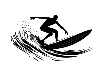 Fototapeta premium Surfer silhouette riding a wave, black and white illustration.
