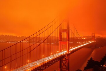 Fototapeta premium A long bridge lit up with many lights, often used for scenic views or night photography