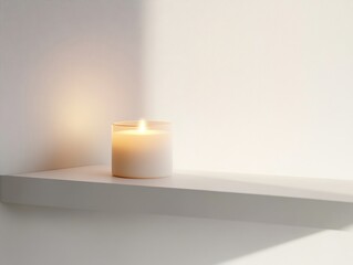 A white candle in a clear glass jar burns brightly on a minimalist white shelf, casting a warm glow and creating a sense of tranquility.