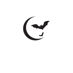 Silhouette of a crescent moon with flying bats on a white background