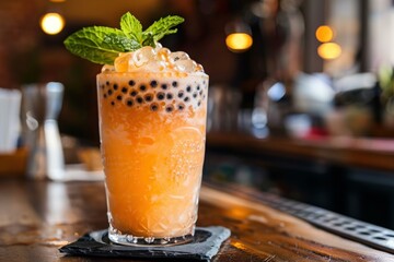 Vibrant orange passion fruit bubble tea cocktail sits on a bar top, topped with ice, mint, and tapioca pearls