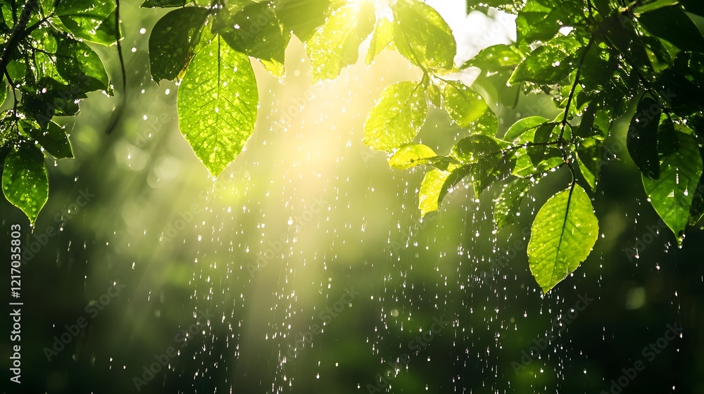 Poster sunlight streaming through leaves with raindrops, creating a serene atmosphere in a lush green fores