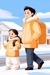 Illustration of a parent and child walking in a snowy cityscape, both wearing winter clothing and backpacks, set against a bright blue sky.