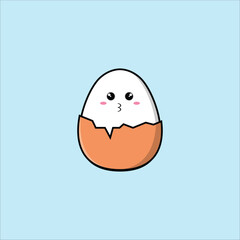 Adorable cartoon-style egg with blushing cheeks and a kissing face, sitting in a cracked shell