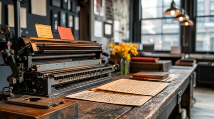 Fototapeta premium Vintage Typewriter on Wooden Desk with Floral Bouquet