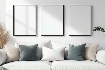Modern Living Room Mockup with Blank Picture Frames and Cozy Pillows on Sofa Surrounded by Natural Light and Indoor Plants