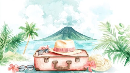 A vibrant watercolor illustration depicting a suitcase on a tropical beach, surrounded by palm trees, hats, and sunglasses with a volcano in background.