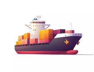 A cargo ship with containers on the deck, side view, vector illustration, white background, no shadows, high resolution, no text or title in front of it, high detail, high quality, high definition, hi