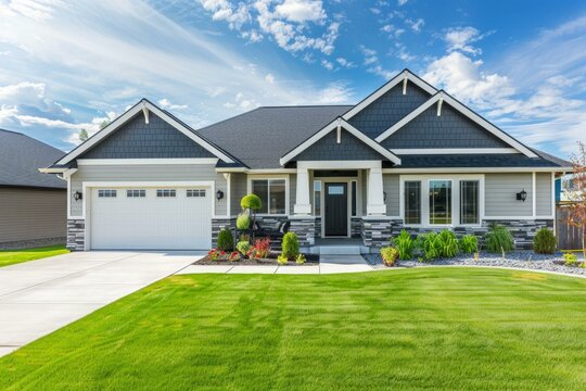 New single family home with two car garage, landscaped yard, and blue sky