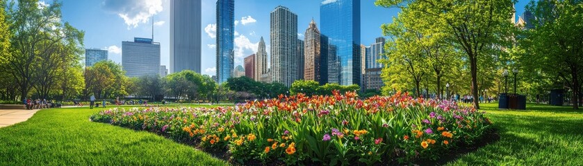 Naklejka premium A vibrant city park filled with colorful flowers and lush greenery, surrounded by modern skyscrapers under a clear blue sky, representing urban nature.