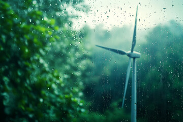 Wind turbine stands tall amidst rain-soaked greenery in a tranquil setting