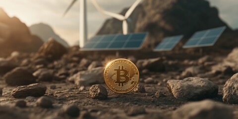 Bitcoin stands prominently on rocky terrain with solar panels and wind turbines in the background during golden hour