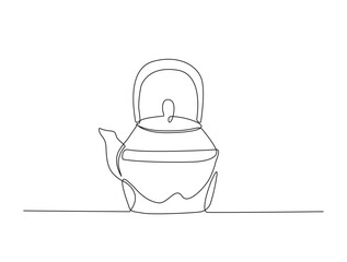 Continuous one line drawing of kitchen teapot - tea pot. Kettle for brewing tea  in single line draw illustration. Editable stroke.