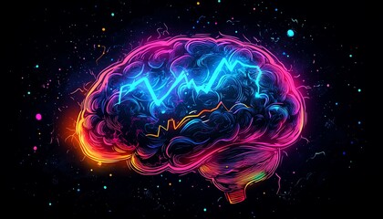 Fototapeta premium human brain sketch, handdrawn with lightning strike signs and illuminated light bulbs, brainstorming concept, innovative solutions, glowing neon design, creative thinking