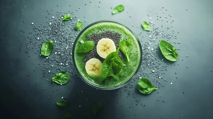 Refreshing Green Smoothie in a Glass Garnished with Slices of Ripe Banana for a Healthy Lifestyle Boost