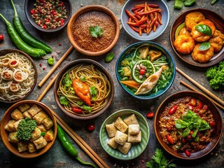 Overhead View of Colorful Asian Food Bowls - Diverse Cuisine