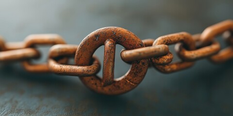 Fototapeta premium Rusty metal chain link laying on a dark surface with a focus on its texture at midday