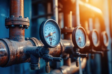 Close-up of industrial pressure gauges on rusty pipes, capturing the essence of mechanical engineering and equipment functionality.