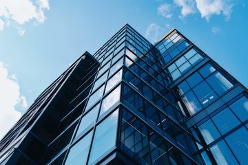 Low angle view of a modern glass skyscraper reflecting the blue sky and clouds