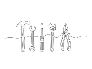 Continuous one line drawing of pliers, wrench, hammer - engineering equipment. Mechanical tool kit  in single line draw illustration. Editable stroke.