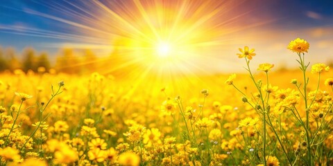 Obraz premium A vibrant hot summer sun with lens flare casting a warm glow on a bright yellow blooming field of flowers