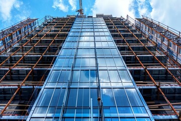 Fototapeta premium Modern glass skyscraper under construction with scaffolding and crane reflecting clouds and blue sky