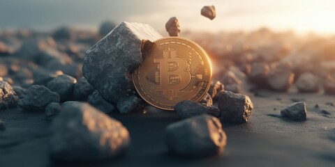 Golden cryptocurrency coin surrounded by stones in a reflective setting at sunset