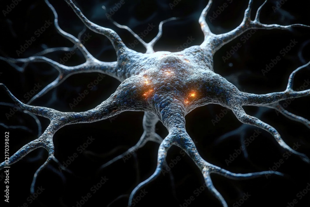 Poster detailed 3d representation of a neuron with synapses in the brain, highlighting neural activity and 
