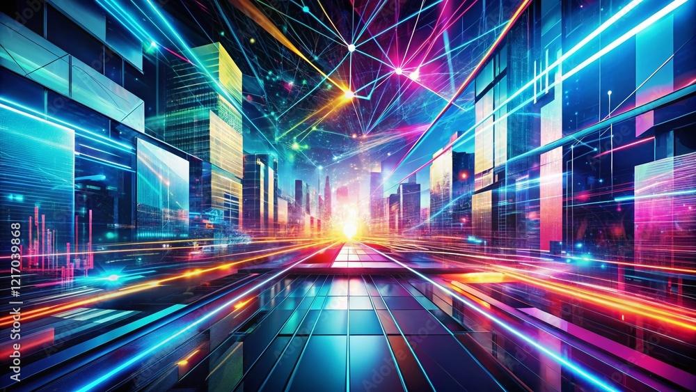 Poster panoramic abstract tech background: futuristic data streams & geometric shapes