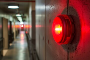 Glowing red emergency light signals danger or alarm in a dimly lit industrial hallway