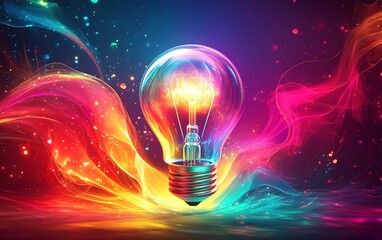 success concept with glowing lightbulb, idea visualization, bright background, futuristic design, innovation and creativity, light effects, digital artwork