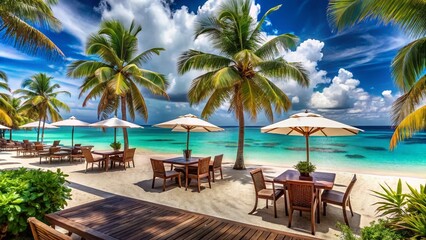 Fototapeta premium Panoramic Beach Cafe: Coastal Relaxation & Ocean Views