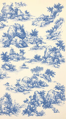 Blue and White Chinoiserie Landscape: An elegant toile design featuring a serene landscape with stylized rocks, trees, pagodas, and water, rendered in classic blue and white chinoiserie style.