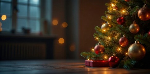 Elegant and minimalist Christmas tree decoration with glowing lights, illuminated, baubles