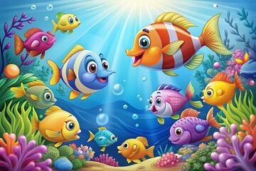 Naklejka premium Panoramic Cartoon Fish Clipart with Blank Space for Text or Design