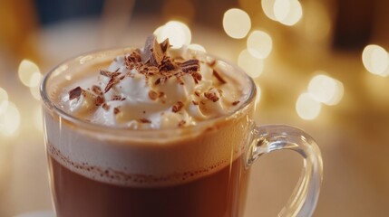 A close up shot of a cup of coffee topped with whipped cream, perfect for a morning pick-me-up or a cozy afternoon treat