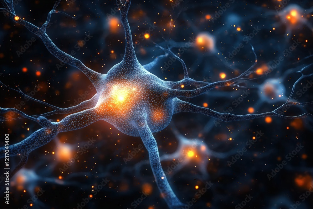 Poster detailed 3d visualization of neuron and synapse interactions with glowing particles representing bra