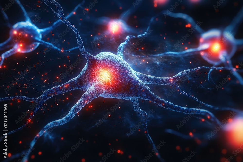 Poster 3d illustration of a neuron and synapse with glowing connections in the brain, representing neural a