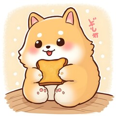 Fototapeta premium Japanese kawaii shiba inu cartoon with toast bread