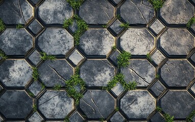 High-resolution photo of a gray hexagonal paver with grass growing between the cracks, top view. The background is clean and neutral to highlight the unique shape of the concrete pavers as they form