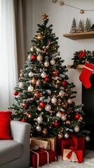 A stylish Christmas interior featuring a decorated tree with ornaments and gifts beneath. The room is cozy and festive, with warm lighting and red accents.