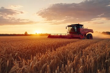 Fototapeta premium Harvesting wheat at sunset with a combine in a golden field under a colorful sky