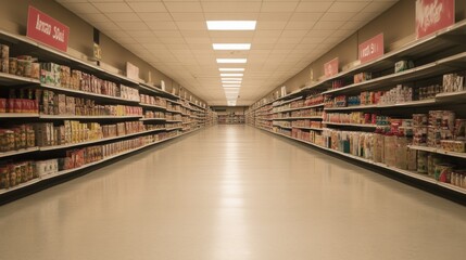 A wide aisle in a grocery store showcasing various canned goods and packaged products